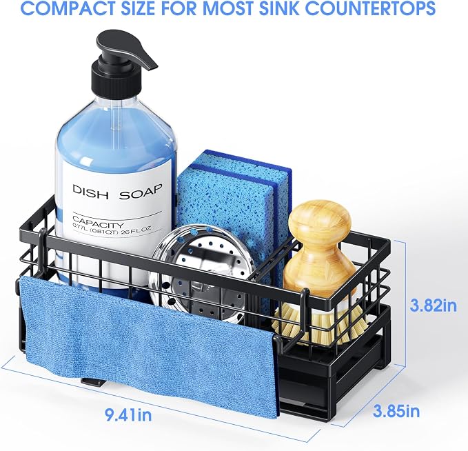 Metal Kitchen Sink Sponge Holder, Countertop Sink Caddy, Black | Rustproof Kitchen Caddy Sink Organizer, Non-Slip Sponge Caddy with 360° Self-Draining Tray, Detachable Dish Cloth Holder - Image 2