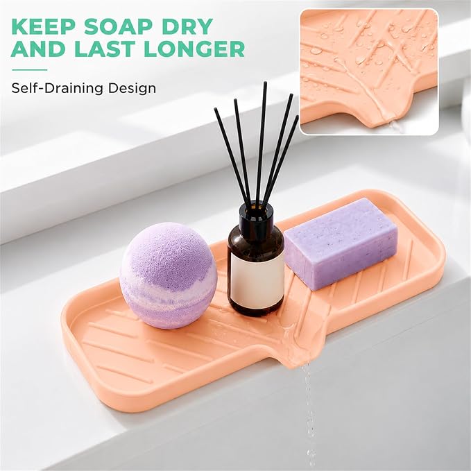MicoYang Silicone Soap Dish with Drain Spout — Self-Draining Double Sink Organizer Tray for Kitchen & Bathroom, Dispensers, Sponges & Soap Holder, Non-Slip & Dishwasher Safe, Pink (Large, 12"×4") - Image 7