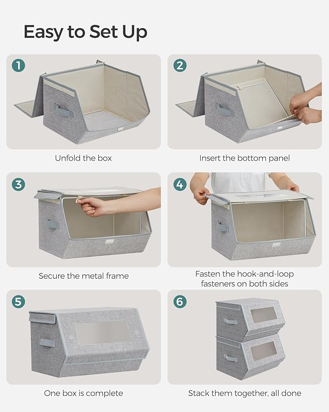 SONGMICS Stackable Storage Bins, Set of 2, with Lids and Front Windows | Closet Organizers, Linen-Look Non-Woven Fabric, Magnetic Closures, Side Handles, Gray, TINA Collection URLB002W01 - Image 6