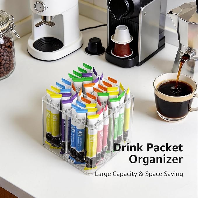 Drink Packet Organizer, Rotating Turntable Organizer with 4 Compartments | Clear Lazy Susan for Powdered Drink Mix, Water Flavor Packets, Coffee, Tea – Space-Saving Countertop Organizer - Image 5