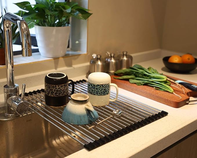 Ahyuan Roll up Dish Drying Rack Over The Sink Kitchen Roll up Sink Drying Rack Stainless Still Portable Drainer Foldable Dish Rack (Black, 17.8''X13.5'') - Image 4