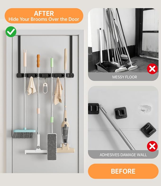 Broom Holder Over The Door with Hooks -304 Stainless Steel (Black) | Save Space, Anti-Rust & Sturdy, Mop and Broom Holder Wall Mounted or Hanging Over The Door, for Garage Laundry Kitchen - Image 2