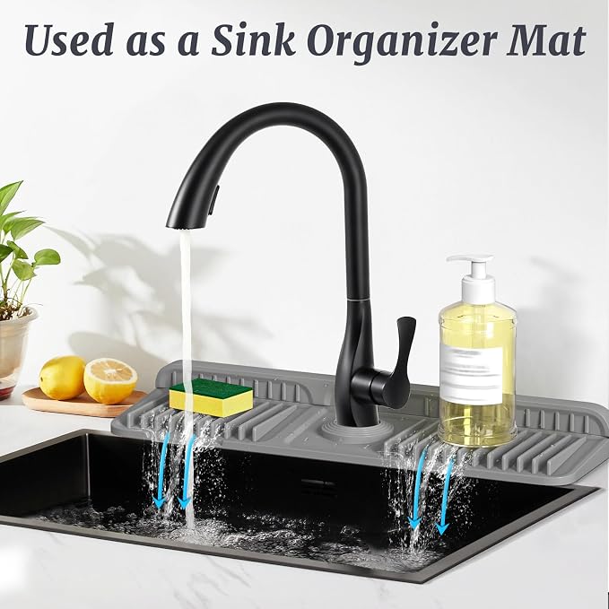 PoYang 17.7 Inch Faucet Mat for Kitchen Sink Splash Guard, Silicone, Grey | Sink Protectors with 7° Slope for Smooth Drainage, Snap Button Holds It in Place, 90° Foldable & Cuttable Hole Fit Most Sinks - Image 6
