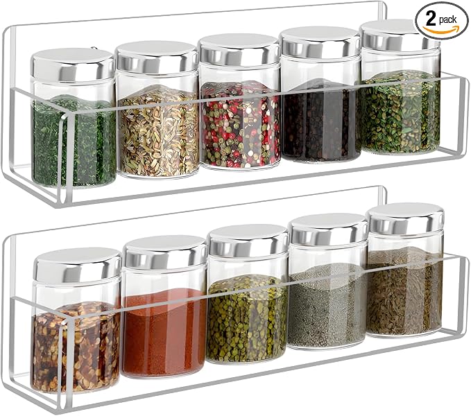 Acrylic Spice Rack Wall Mount - 9 Inch, Clear Spice Shelf Storage Holder, 2 Pack Hanging Seasoning Organizer for Cabinet Door, Cupboard or Wall Kitchen (Adhesive or Screw) by Douildhaiy