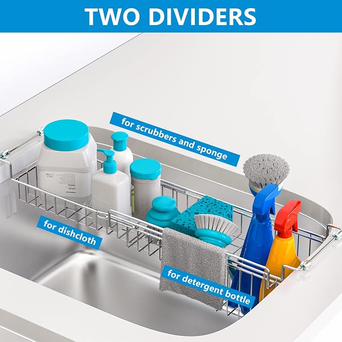 Over The Kitchen Sink Caddy Sponge Holder Organizer Drying Rack Expandable for Sponge Brush Soap Dish Cloth Rag Smaller 14.5" to 22", Stainless Steel - Image 4