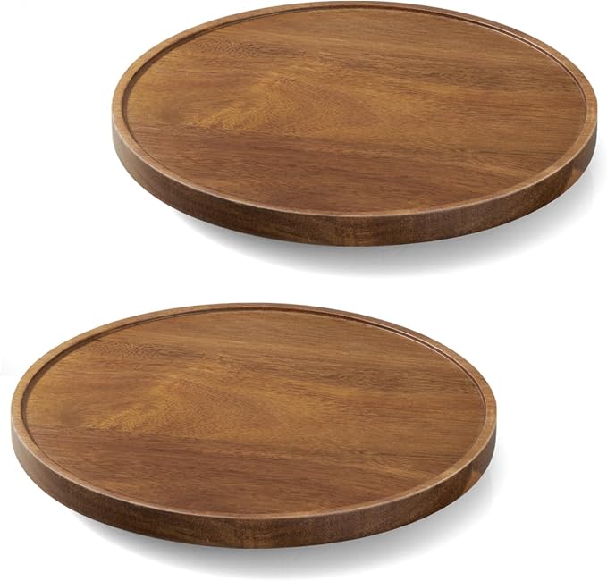 2 Pack 10" Acacia Wood Lazy Susan Turntable Organizer for Cabinet, Round Serving Tray Decorative Tray Vintage Centerpiece Candle Holder Tray, Farmhouse Tray for Kitchen Countertop Coffee Table Decor by Bivvclaz