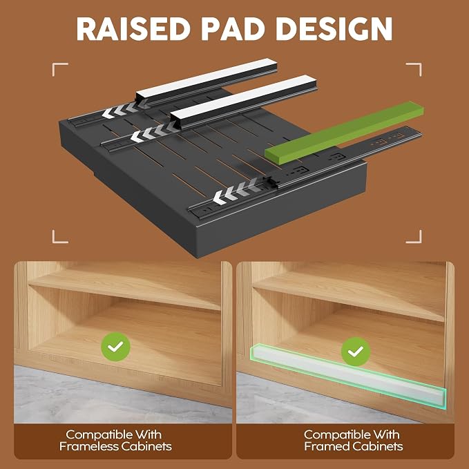 Seinloes 4 Pack Expandable Pull Out Cabinet Organizer 21"Deep With Raising Pad for Framed Cabinets,Upgrade 3 Slide Rails Slide Out Drawers,Roll Out Shelves Adhesive,Adjustable Width 15.15"-26.3" Black - Image 2