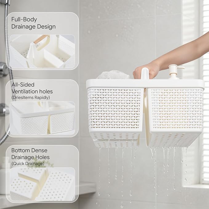 UUJOLY Portable Plastic Shower Caddy Basket with Wooden Handle, White | Divided Storage Organizer Tote for Bathroom, Dorm, College, Kitchen & RV – Lightweight, Easy-Carry Essentials Caddy - Image 3