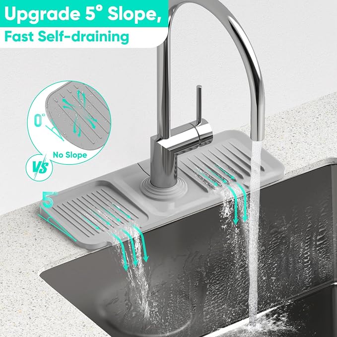 14.6'' Faucet Mat for Kitchen Sink [5°Slope Fast Self-draining] Kitchen Sink Splash Guard Silicone Kitchen Sink Faucet Mat Splash Guard for Kitchen Sink Area Faucet Guard Draining Mat Light Gray - Image 2