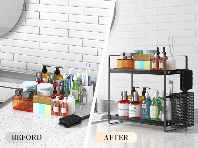 Bathroom Organizer Countertop, Counter Organizer for Bathroom Decor, Wooden Sink Shelf for Vanity Storage, Makeup Tray for Perfume Skincare Bedroom Kitchen Corner (Black) - Image 6