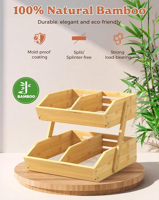 2-Tier Bamboo Fruit Basket with 2 Banana Holders | Large tiered organizer for bread, snacks, veggies. Sturdy bamboo, includes mats & dividers. Easy to assemble. - Image 7