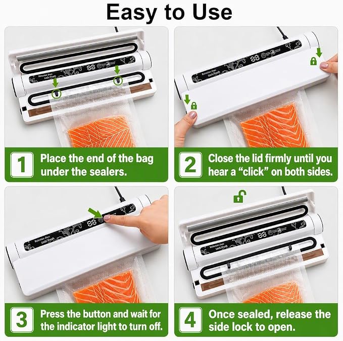 Compact Vacuum Sealer for Food, 75Kpa Food Sealer Machine | 75 Kpa Strong Suction, LED Display, Dual Use for Dry & Wet Foods, with 20 Bags, Ideal for Home Kitchen, White - Image 3