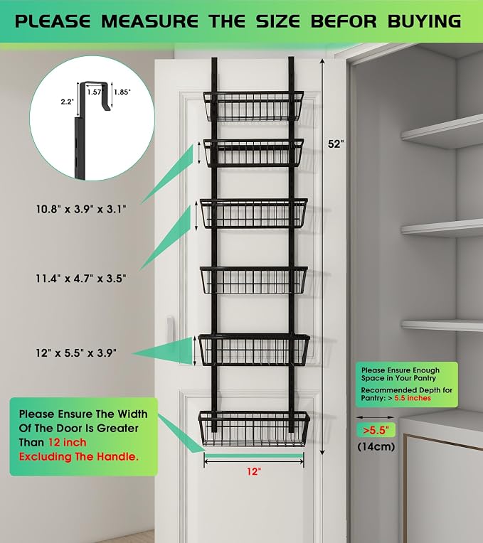 Mefirt 12 Inch Wide Narrow Over The Door Pantry Organizer 6-Tier Black | Pantry Hanging Organizers and Storage, Adjustable Heavy-Duty Metal for Home & Kitchen, Back of Door Seasoning Rack - Image 2