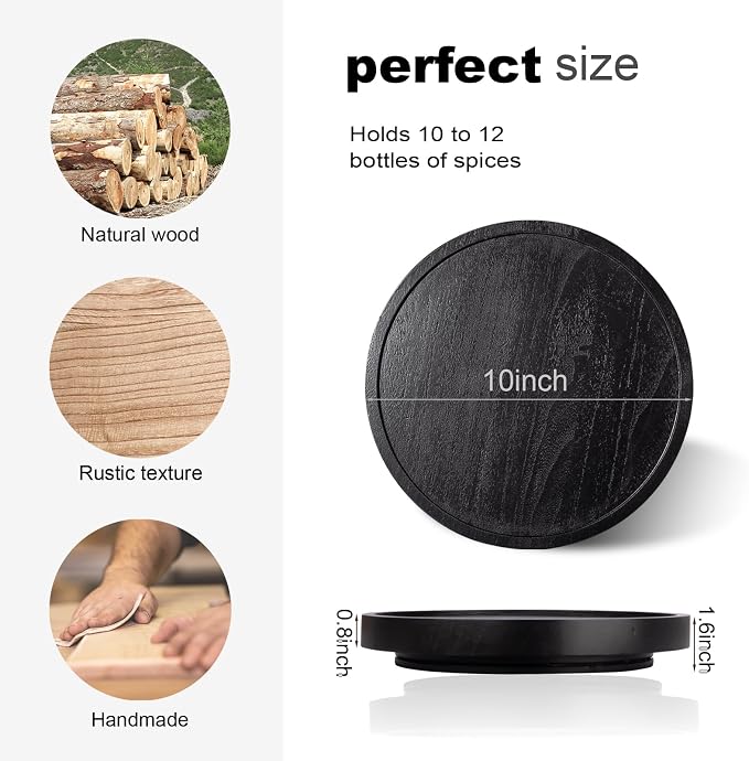 Wood Lazy Susan Organizer Kitchen Turntable for Cabinet Farmhouse Bathroom Decor Round Decorative Tray for Vanity, Counter, Sink, Coffee Table, 10 Inch, Black | waterpoof, East clean, Non-slip, Pantry Table Decorative Tray for condiment, spice - Image 7