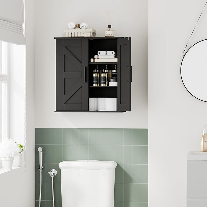 Homleke Bathroom Wall Cabinet, Medicine Cabinet with Adjustable Shelves | 3-Tier Wall Mounted Over Toilet Storage with Barn Doors, for Bathroom, Kitchen, Entryway, Laundry Room, Black, (7.9" D) - Image 9
