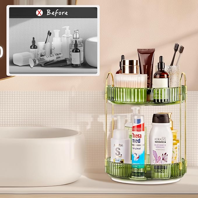 360 Rotating Makeup Organizer, 2 Tier Lazy Susan Bathroom Counter Organizer, Skincare Organizers, Spinning Perfume Organizer & Vanity Organizer Countertop (Gem Green, 2 Tier) - Image 2