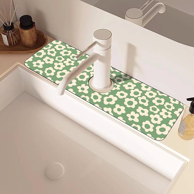Faucet Mat for Kitchen Sink Vintage Groovy Flower Green Daisy Sink Splash Guard Behind Faucet Soft Diatom Mud Material Non-slip Easy to Clean for Bathroom & Kitchen 15"X5.5" - Image 5
