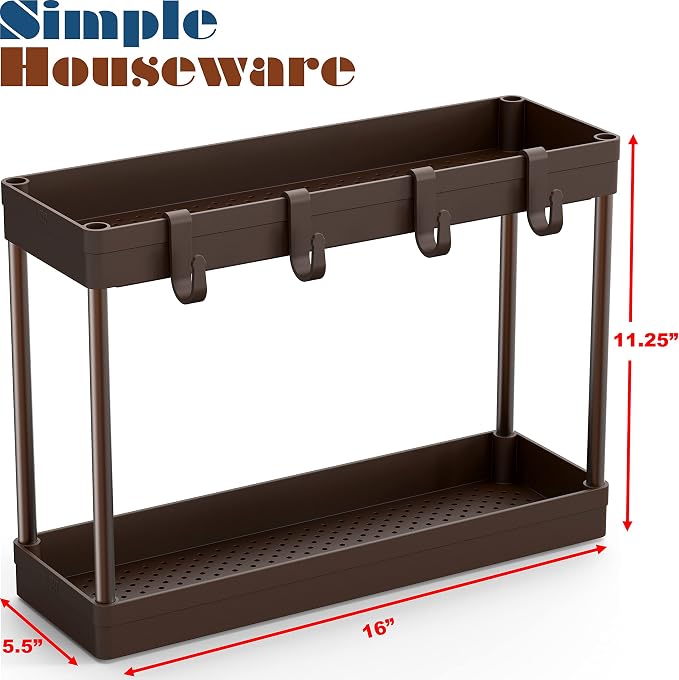 Simple Houseware 2-Tier Under Sink Organizer Storage Tray with Hooks, Brown - Image 5