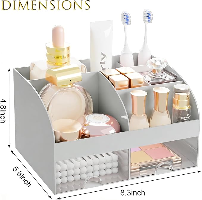Makeup Organizer with 2 Drawers, Cosmetic Storage for Dresser Vanity and Bathroom Countertop,Make up organization and Skincare Storage with Beauty Brush Holder, Cosmetic Display Case (Grey) - Image 3