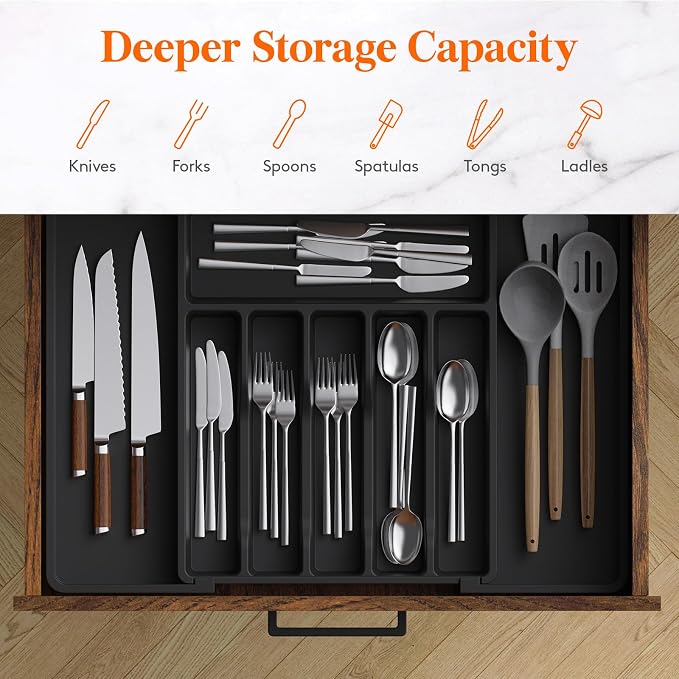 Lifewit Extra Large Silverware Drawer Organizer, Expandable Utensil Tray | BPA Free Flatware Cutlery Holder for Kitchen, Adjustable Plastic Storage for Spoons Forks Knives, 13-22.4 x 16.7", Black - Image 4