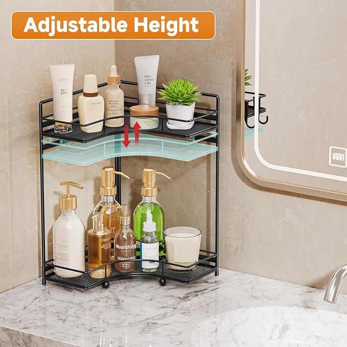 VITVITI 2-Tier Corner Bathroom Counter Organizer, Bathroom Countertop Organizer Storage for Sink, Metal Mesh Makeup Organizer for Vanity Countertop Kitchen with Hooks, Black - Image 4