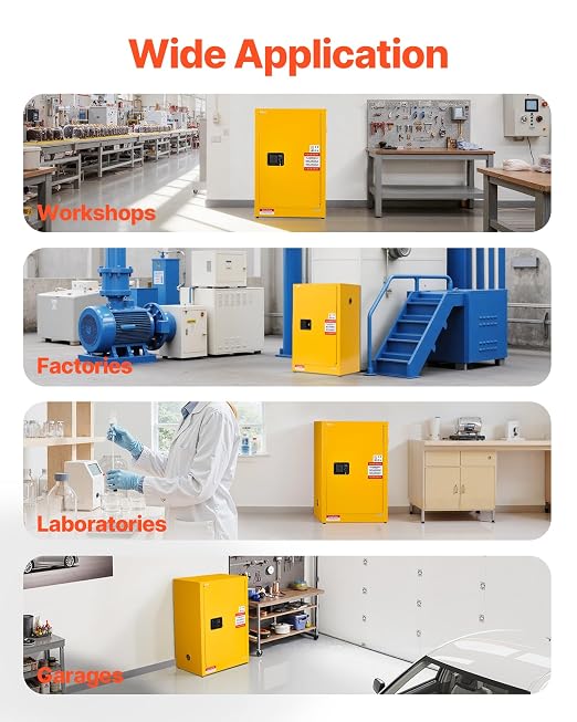VEVOR Flammable Cabinet, 23.2 x 18.1 x 35.4 Inch, 13 Gallon Flammable Storage Cabinet with Adjustable Shelf, Cold-Rolled and Galvanized Steel Fire Cabinets, for Commercial Industrial Home Use, Yellow - Image 8