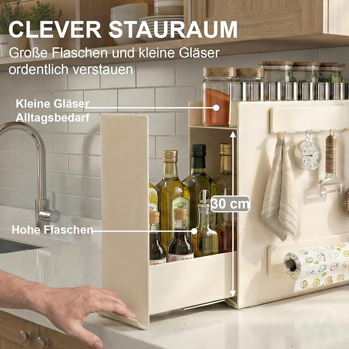 2-Tier Countertop Pull Out Spice Rack with Sliding Drawer, Cream | No Assembly, Magnetic Side Panels, Tall Bottle Storage, Ball-Bearing Slides, Paper Towel Holder and 4 Hooks, Carbon Steel - Image 5