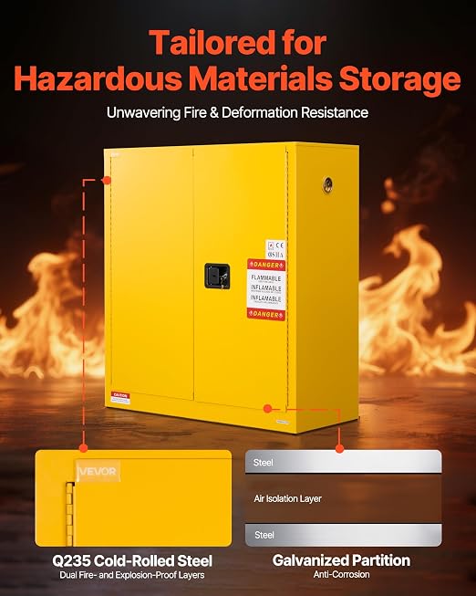 VEVOR Flammable Cabinet 18" x 43" x 46", 29 Gallon Flammable Storage Cabinet with Adjustable Shelf, Cold-Rolled and Galvanized Steel Fire Cabinets, for Commercial Industrial Home Use, Yellow - Image 4