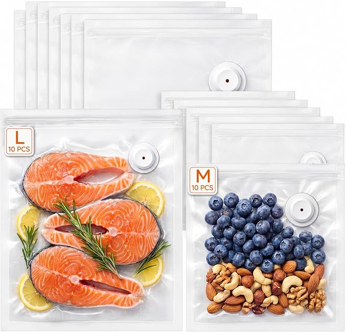 FEPPO Reusable Vacuum Sealer Bags for Food, 20 PCS (10 Medium 8.3"×8.7" + 10 Large 10.2"×11") BPA-Free Food Storage Bags with Air Valve, Leak-Proof & Odor-Resistant for Freshness Preservation by FEPPO