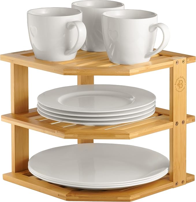Bambüsi Kitchen Cabinet Organizer, Corner Plate Organizer for Cabinet | 3-Tier Bamboo Corner Shelf Rack, Holds Plates Bowls Mugs Cups, Space Saving Dish Storage Organization, Easy Assembly - Image 9