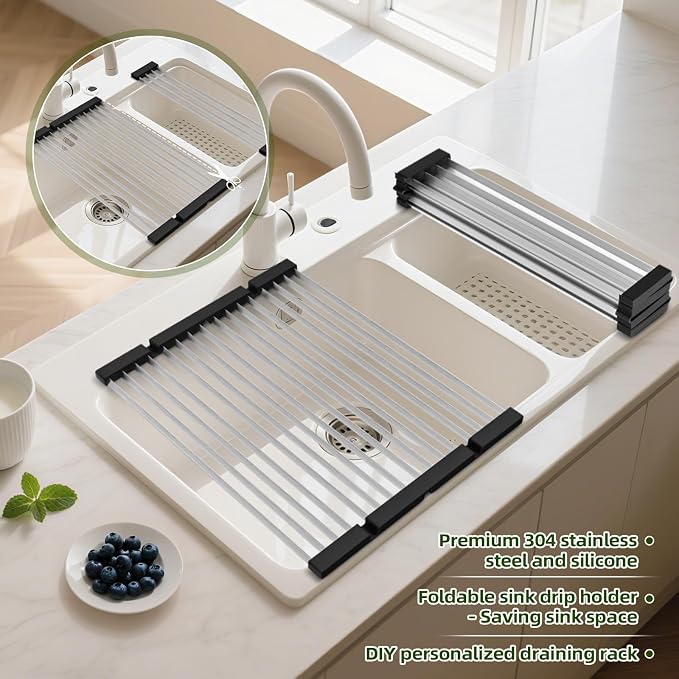 GAViA Roll Up Dish Drying Rack, Foldable Over The Sink Dish Drying Rack | 17.3" x 13", Non-Slip,Heat-Resistant, Anti-Rust,Stainless Steel Sink Drying Mat,Dish Drainer,Sink Cover, All-in-one, Black - Image 4