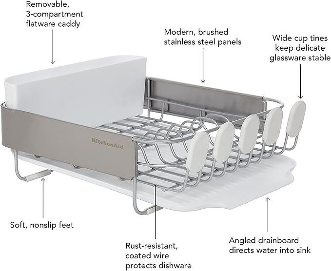 KitchenAid Compact Satin Wire Rust Resistant, Expandable Dish Rack with Angled Self Draining Drainboard with Removable Flatware Caddy, 23.18-Inch, Gray - Image 7