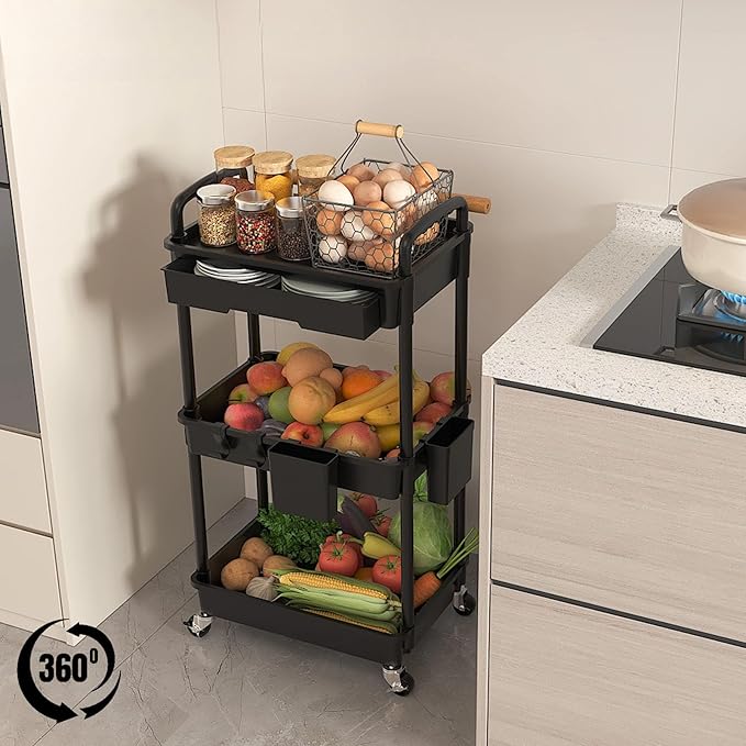 3 Tier Rolling Utility Cart with Drawer, Plastic Storage Organizer Rolling Carts with Wheels Handles Hanging Cups Hooks for Office, Bathroom, Kitchen,Craft Art Room (Black) - Image 4