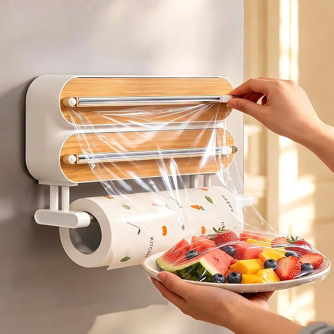 3 in 1 Plastic Wrap Dispenser with Cutter,Wooden Aluminum Foil Organizer | Magnetic Holder with Kitchen Towel Holder, Wall Mount Kitchen Wrap Dispenser for Pantry and Kitchen Cabinet by Unknown