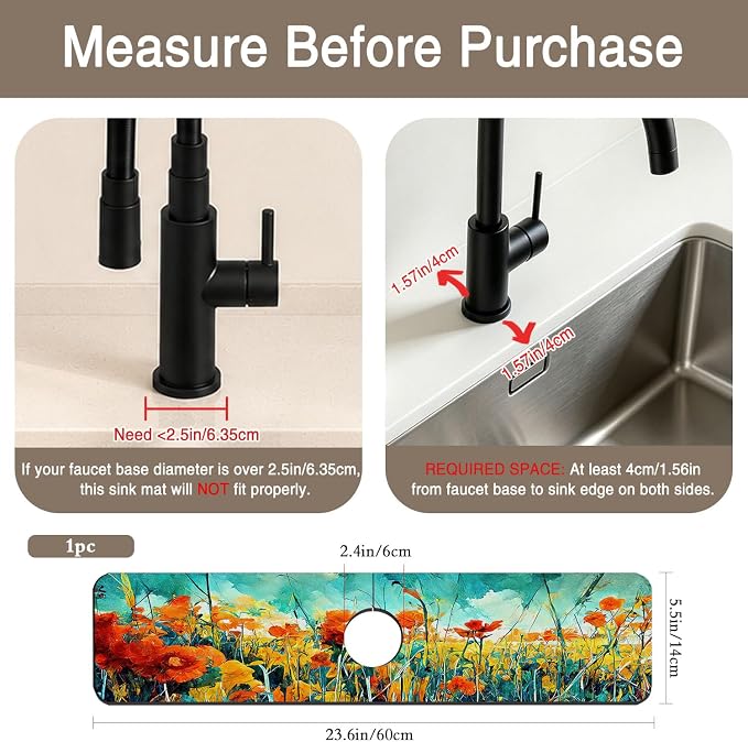 Kitchen Faucet Mat Floral Abstract Oil Painting Sink Splash Guard Behind Faucet Draining Mat Kitchen Accessories Non-slip Easy to Clean for Bathroom & Kitchen 24"X5.5" - Image 2
