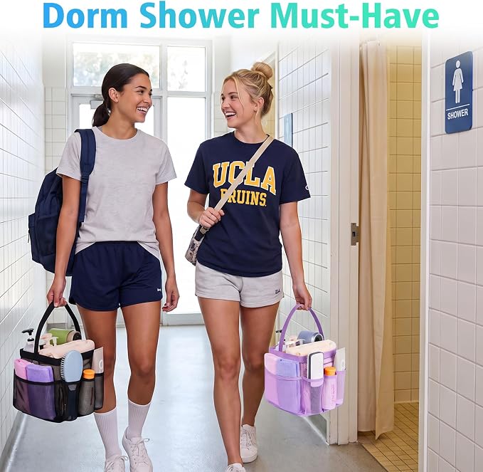 EUDELE 2 Pack Mesh Shower Caddy Portable for College Dorm Room Essentials, Shower Caddy Dorm with 9-Pocket Large Capacity,Shower Bag for Beach,Swimming,Gym All Black+All Pink - Image 2