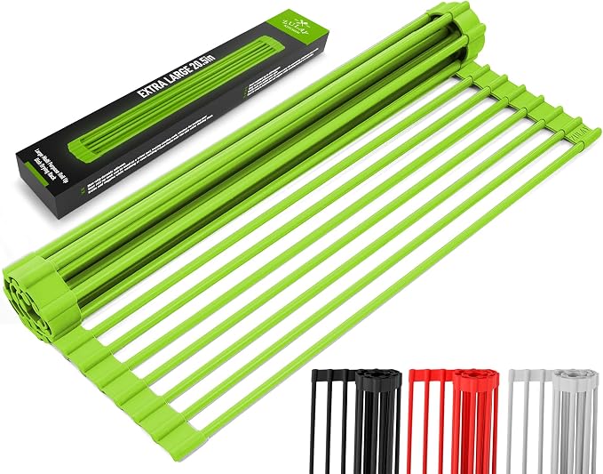 Zulay Kitchen Large Roll Up Dish Drying Rack - Heavy Duty Silicone Wrapped Steel Rods Over Sink Dish Drying Rack - Versatile Roll Up Sink Drying Rack & Trivet - Green,20.5 inches x 13 inches by ZulayKitchen