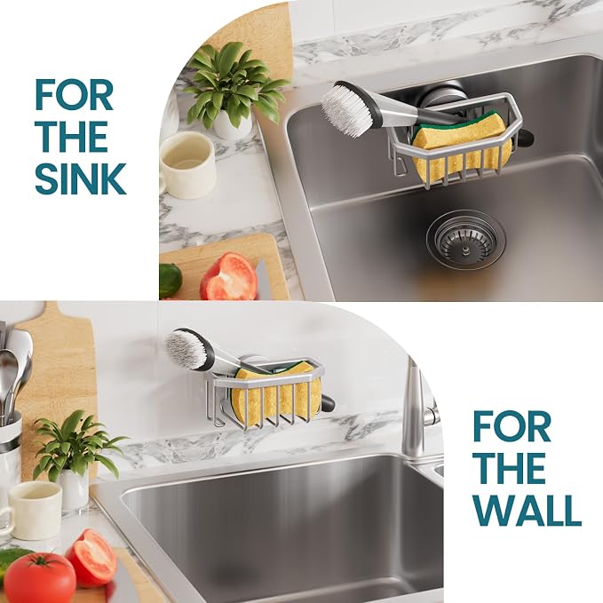 TAILI Sponge Holder for Kitchen Sink with Suction Cup-Silver, Aluminum | Rustproof Aluminum Sink Caddy for Sponges,Brushes,Stoppers & Scrapers,Removable Ventilated Quick-dry Design, holds Up 11lbs - Image 5