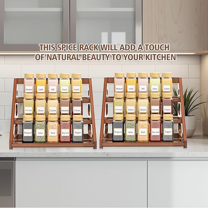 Spice Rack - Tiered Spice Rack Organization for Cabinet - 3 Tier Bamboo Display Spice Shelf for Countertop - Image 7