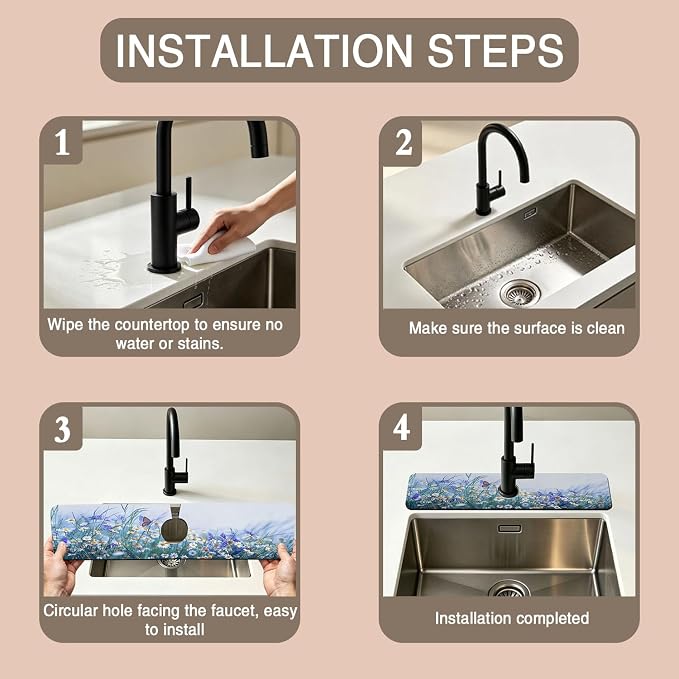 Kitchen Faucet Mat Beautiful Flowers Butterfly Sink Splash Guard Behind Faucet Draining Mat Kitchen Accessories Non-slip Easy to Clean for Bathroom & Kitchen 24"X5.5" - Image 4