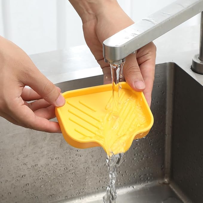 MicoYang Silicone Soap Dish with Drain Spout, Self-Draining Sink Organizer Tray for Bathroom and Kitchen, Sponges, Dispensers and Soap Holder, Non-Slip & Dishwasher Safe, Yellow (Compact, 4.9"×3.2") - Image 9