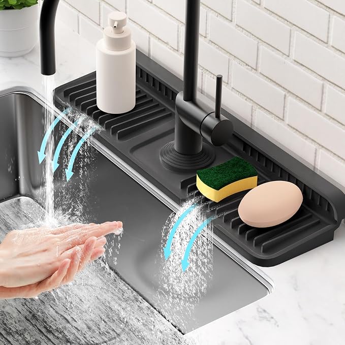 17.7'' Folding Faucet Mat for Kitchen Sink Splash Guard[7° Slope Fast Self-draining][Snap Lock Fit] Kitchen Sink Faucet Mat Splash Guard Kitchen Sink Area Water Splash Guard Behind Faucet Draining Mat by Snoquir