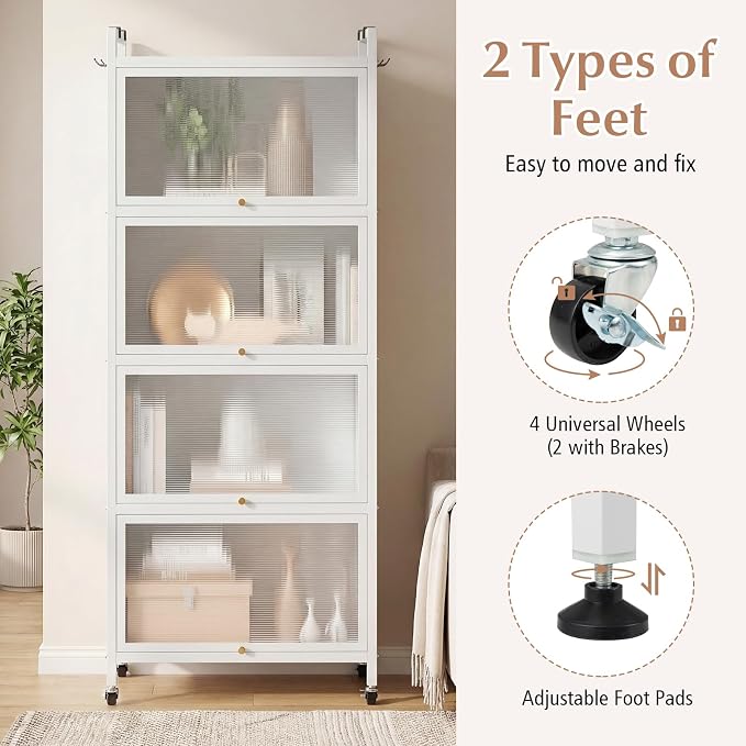 GIANTEX 5-Tier Kitchen Storage Cabinet, 4 PC Doors, Rolling Wheels, White | Mobile Metal Pantry Cabinet with 4 Hooks & Adjustable Feet, 60" Baker's Rack Microwave Stand for Dining & Living Room - Image 9