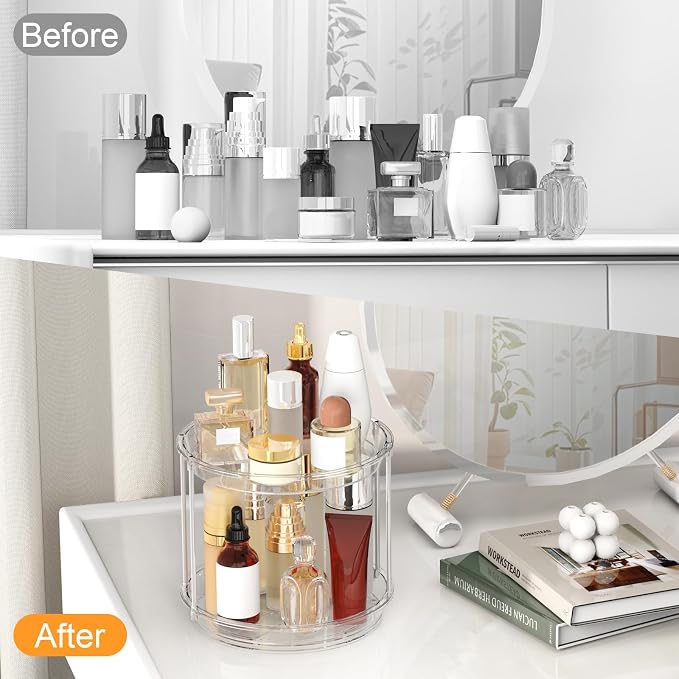 360 Rotating Makeup Organizer, 2 Tier Skincare & Perfume Holder for Bathroom Counter, Clear Spinning Vanity Tray, Lazy Susan Turntable Organizer for Dresser, Kitchen Cabinet - Image 4
