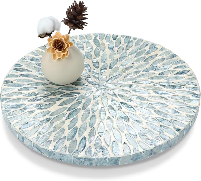 Reallnaive Mother of Pearl Lazy Susan for Table Turntable Organizer Marble Patterned Lazy Susan Wood Spinning Tray Rotating for Kitchen Cabinet Spice Pantry 12 Inch(Round,Blue Floral Petal) by Reallnaive