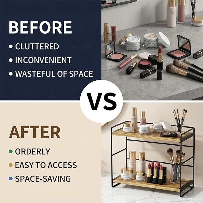 SRIWATANA 2-Tier Bathroom Counter Organizer, Set of 2, Carbonized Black | Wood Countertop Organizer, Kitchen Spice Rack, Vanity Skincare Organizer, Stable Counter Shelf for Bathroom Makeup Storage - Image 6