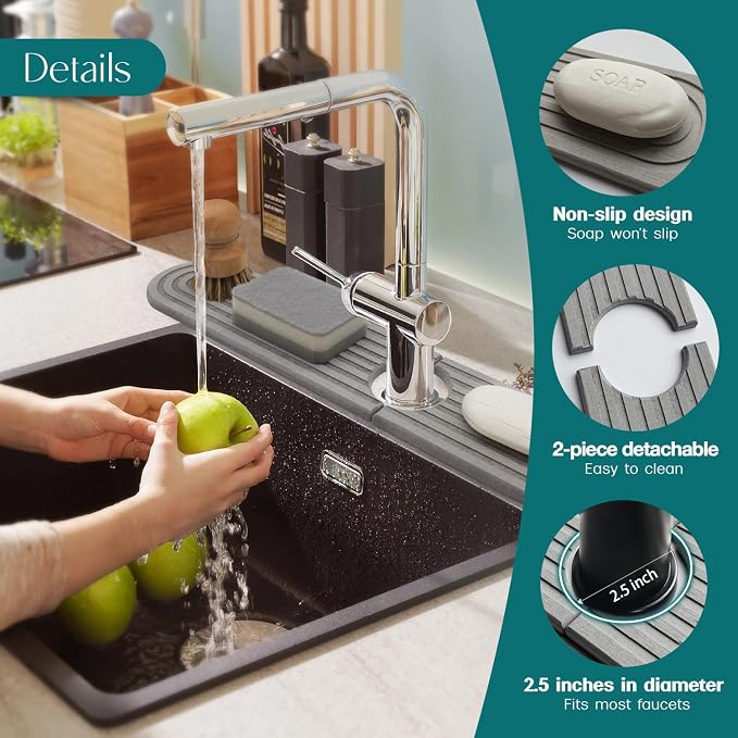 Faucet Mat for Kitchen Sink - Diatomaceous Earth Faucet Splash Guard, Fast Drying Sink Protector - Water Absorbing Stone for Bathroom Sink (Grey, 20'' x 3.9'') - Image 8