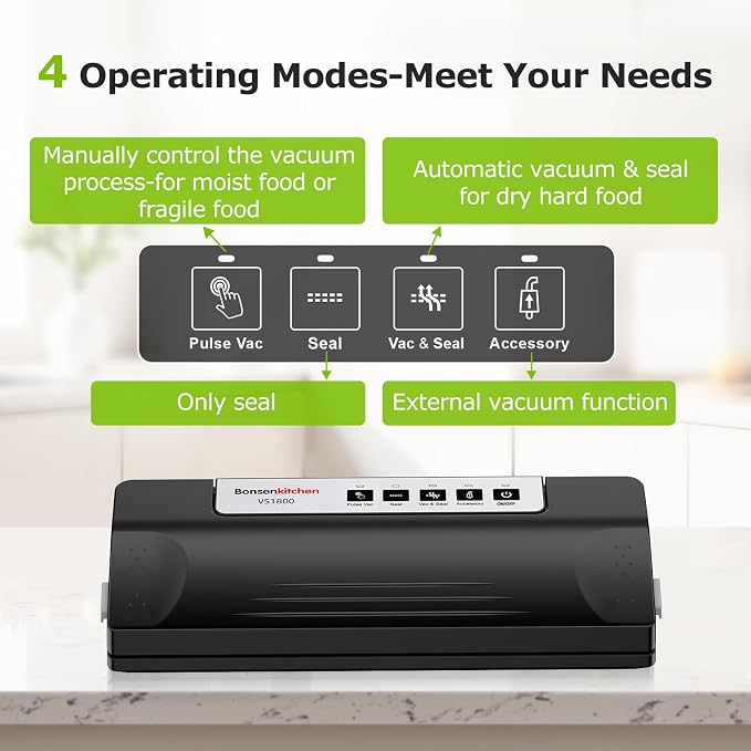 Bonsenkitchen Vacuum Sealer Machine for Food Storage,Black-Silver | Multi-Functional Food Sealer, 65kPa Suction, External Vacuum System , Compact Design with 5 Vacuum Bags - Image 2
