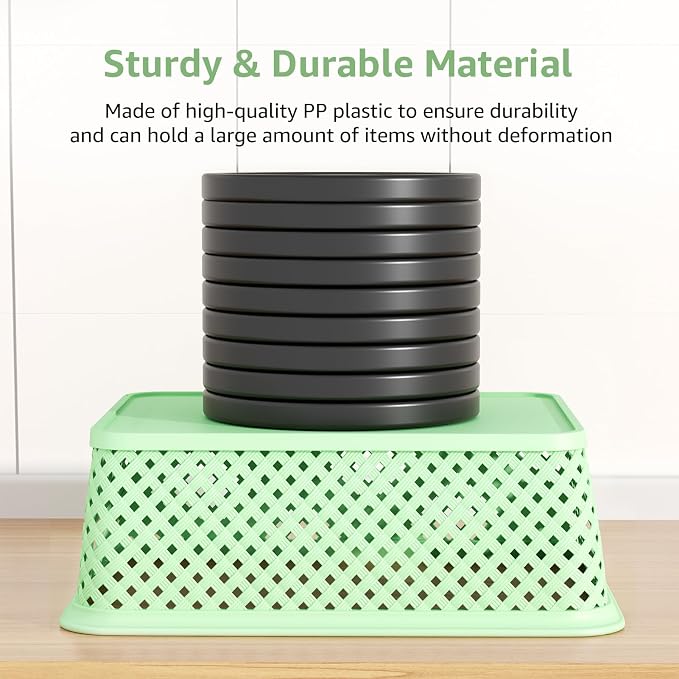 MaxGear 3 Pack Plastic Storage Baskets, Large, Green | Durable Woven Plastic with Built-In Handles, Suitable for Shelves, Closets, Cabinets, Bathrooms and Offices - Image 2