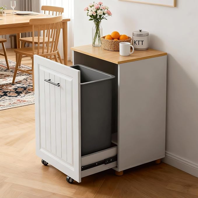 ZIFTY 10 Gallon Pull Out Trash Can Cabinet Kitchen, Laundry Hamper, White | Freestanding Kitchen Cabinet, Hidden Waste Bin, Pet Proof, Wooden Garbage Recycling, Modern Farmhouse Waste Bin Furniture - Image 2